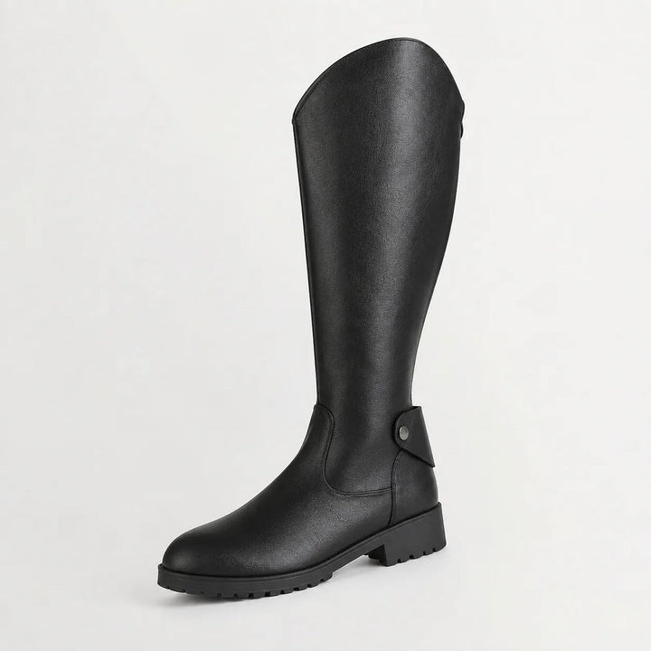 Black leather-look riding boot with ankle strap