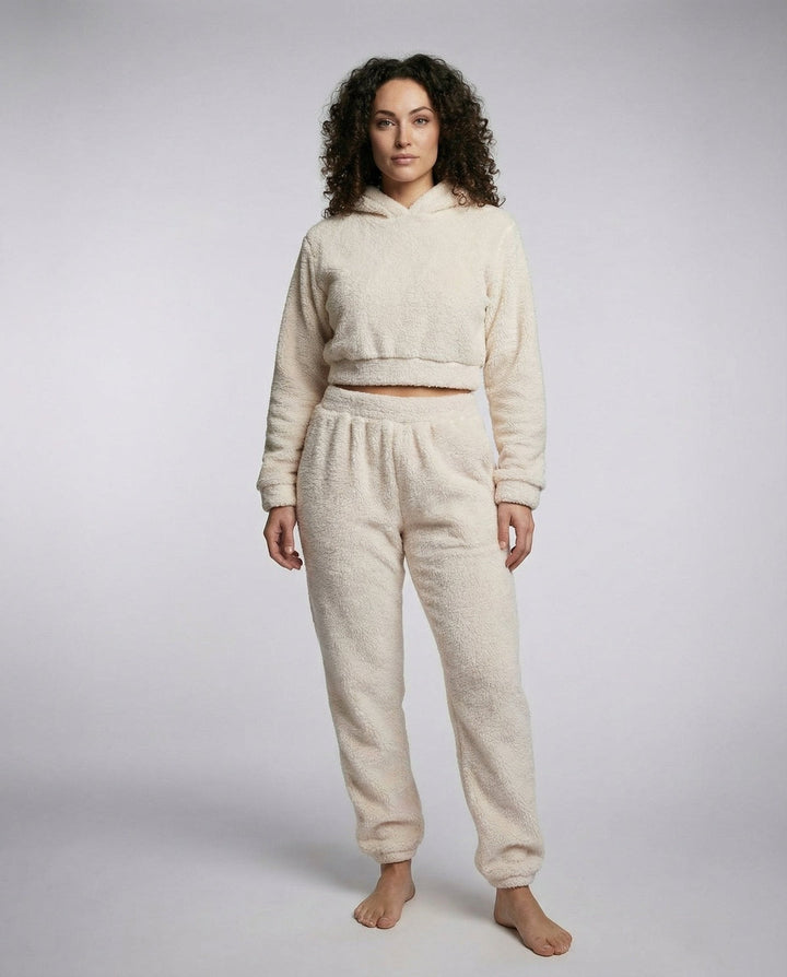 Teddy fleece lounge set with cropped hoodie and joggers in cream, worn, front view