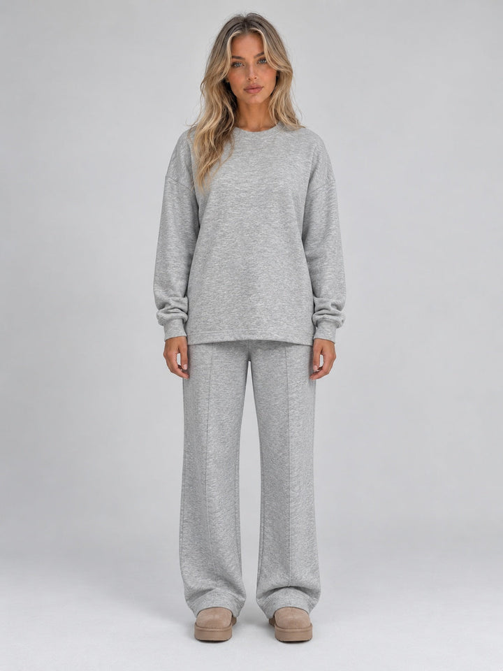 Sweatshirt co-ord with crew-neck top and wide-leg trousers in grey, worn, front view