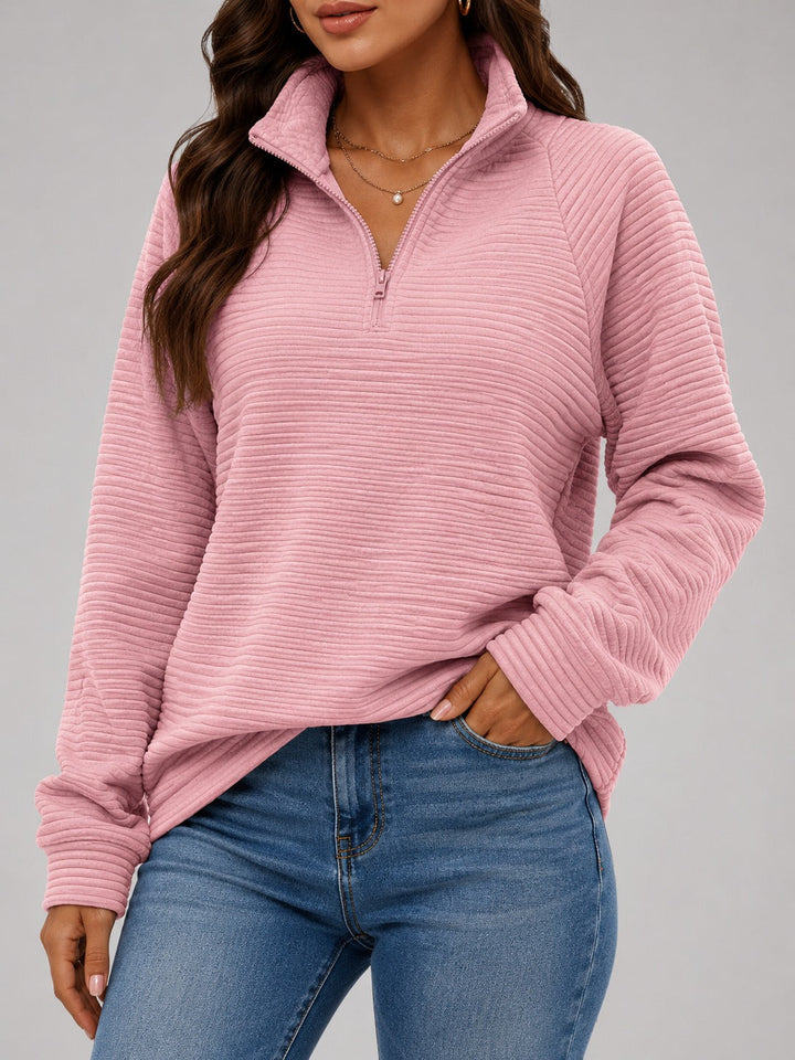 Half-zip ottoman knit jumper in pink, worn, front view