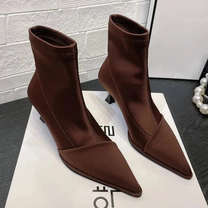 Coffee brown sock boots with pointed toe and kitten heel
