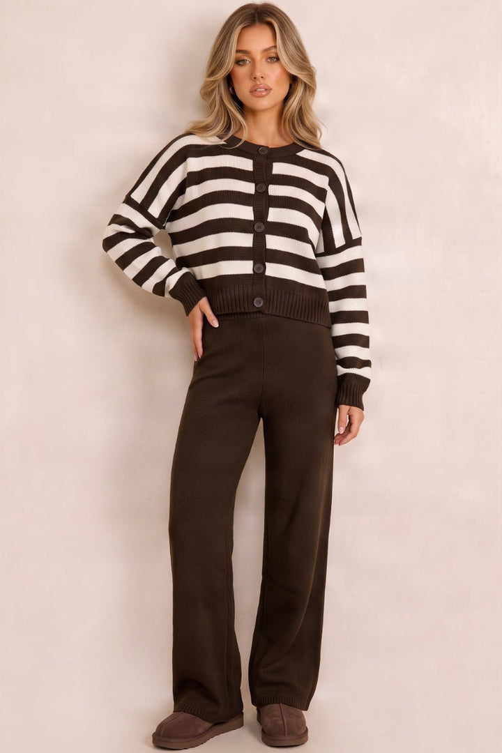 Knitted co-ord with striped cardigan and wide-leg joggers in chocolate brown and cream, worn, front view