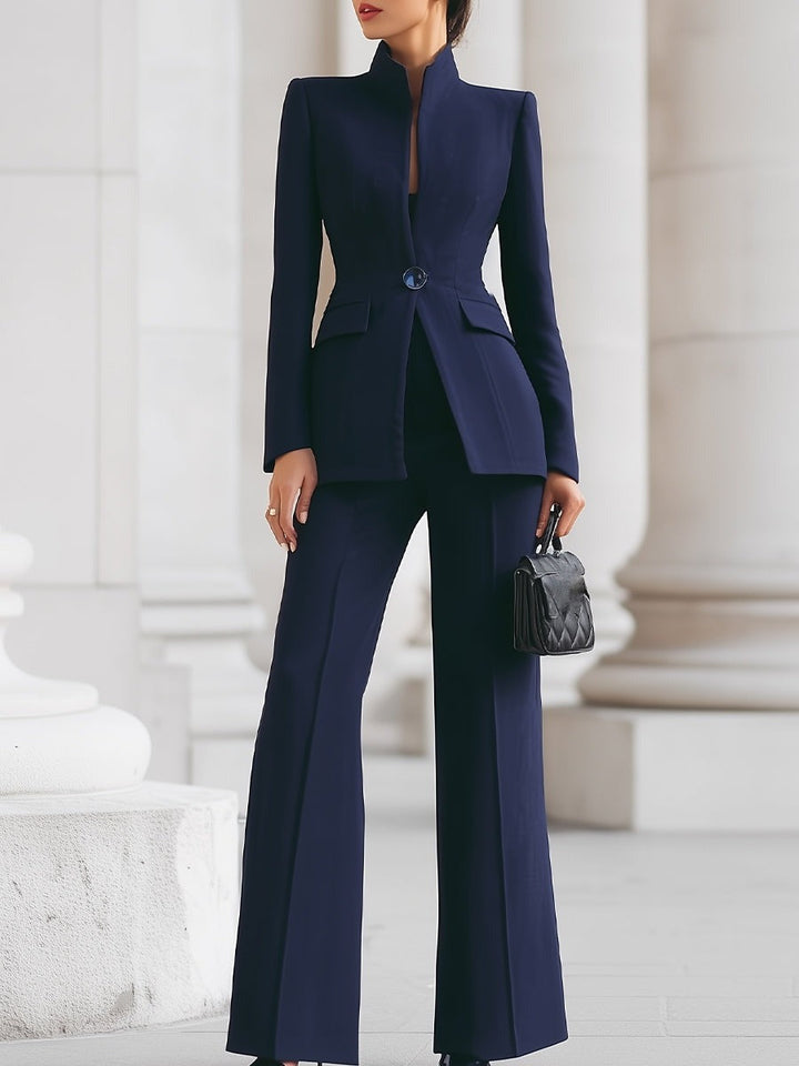 Trouser suit with stand-collar blazer and flared trousers in navy, worn, front view