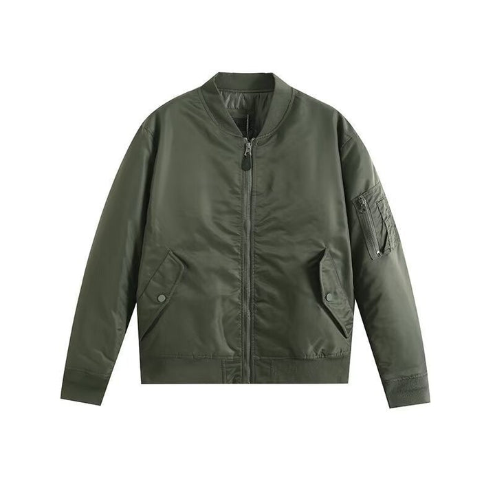 Olive green bomber jacket with zip front, flat lay, sleeve pocket | Grace Aura