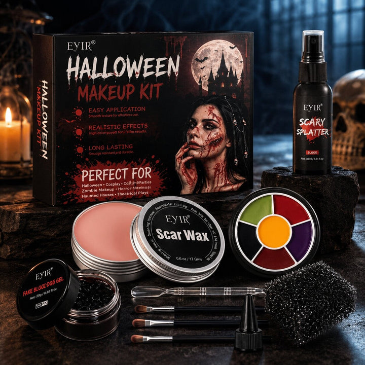 Halloween makeup kit with scar wax, fake blood spray, fake blood paste and face paint palette
