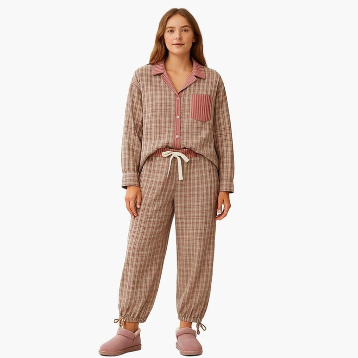 Brown checked pyjama set with pink striped trim and drawstring trousers, full-length front view