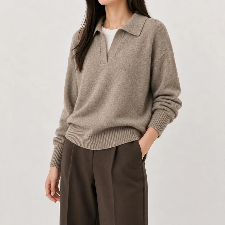 V-neck jumper with polo collar in mocha, worn, front view