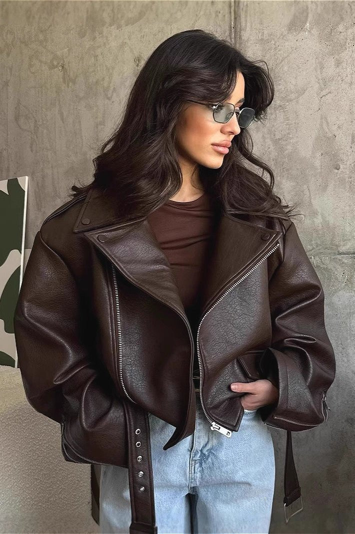Dark brown cropped faux leather biker jacket with lapels