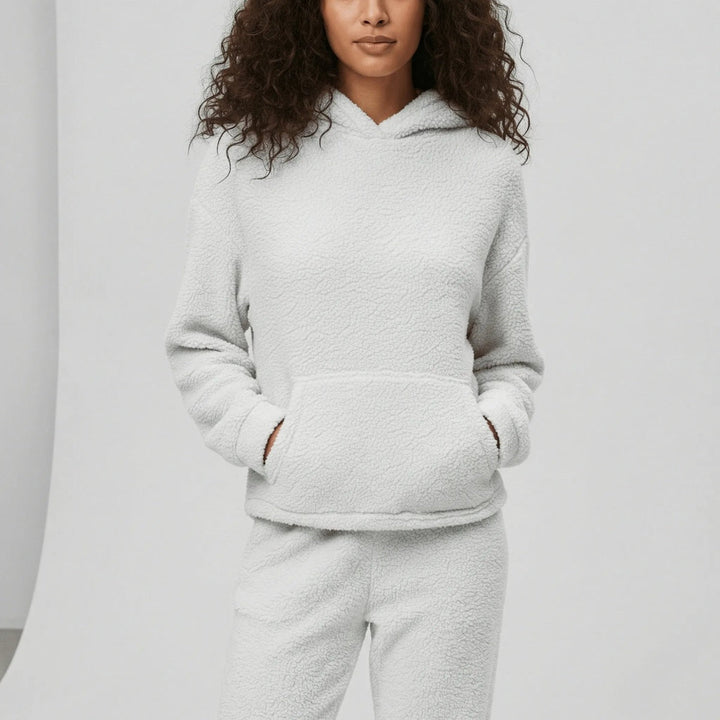 Teddy fleece lounge set in white, worn, front view