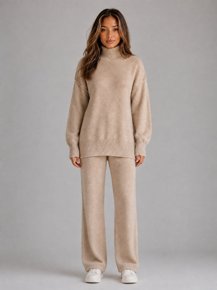 Beige knitted lounge set with oversized roll-neck jumper, front view