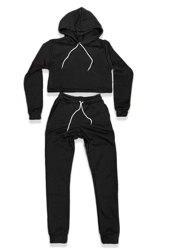Black cropped hoodie and joggers set, flat lay