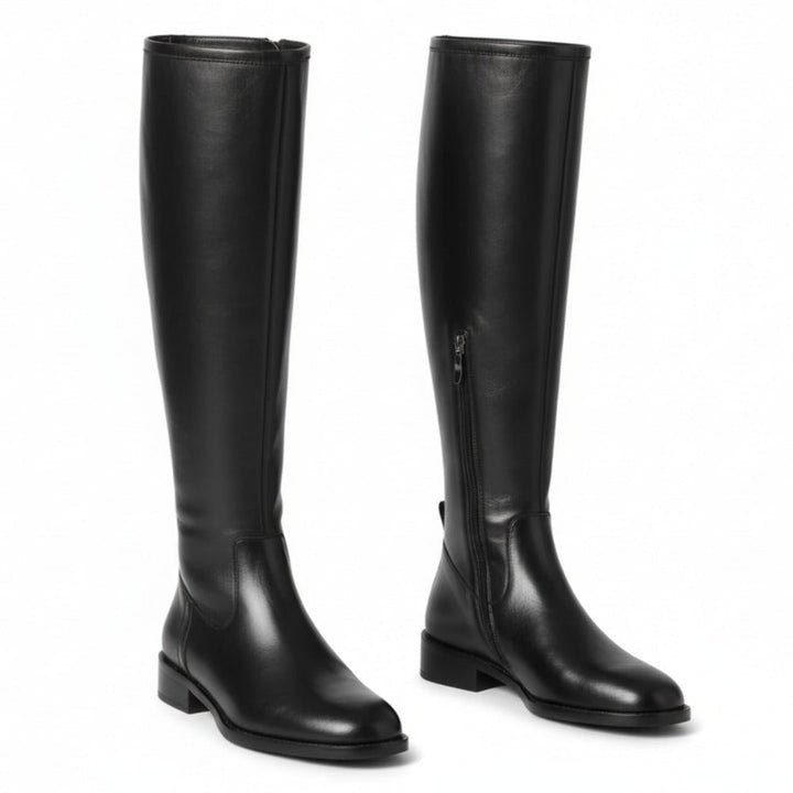 Black leather-look knee-high boots with low block heel