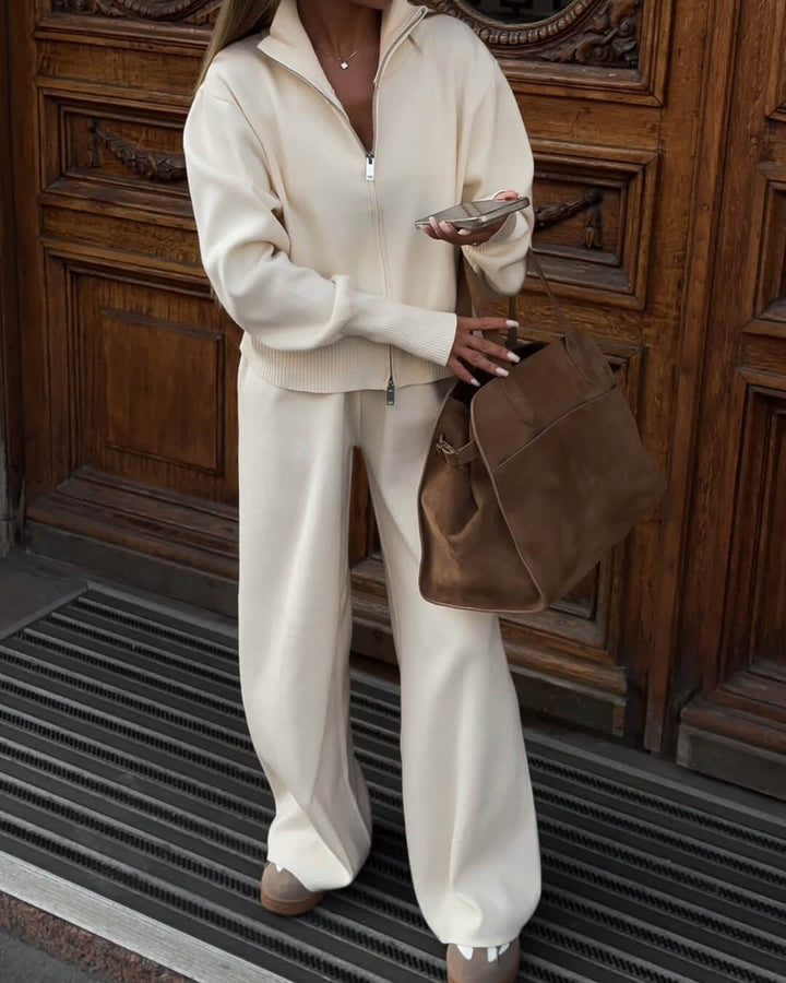 Cream knitted zip jacket and wide-leg trousers, full-length view