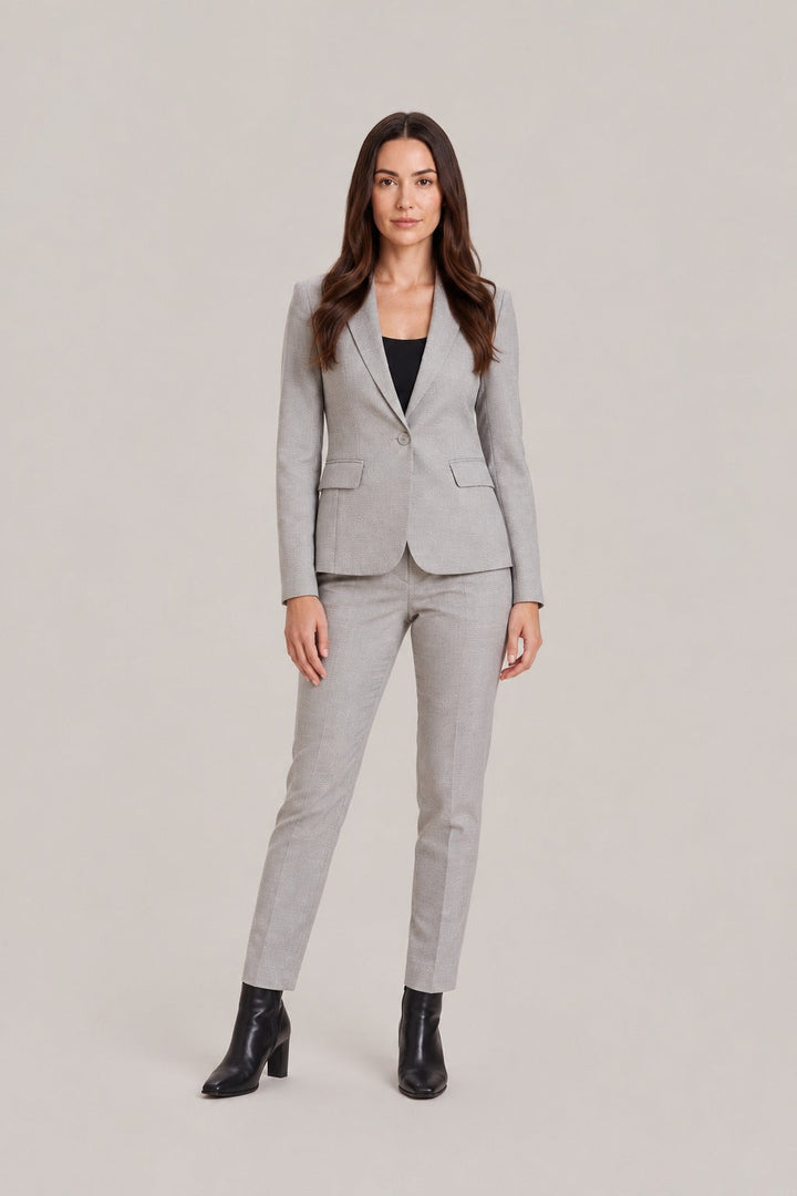 Trouser suit with fitted single-breasted blazer and straight trousers in grey, worn, front view