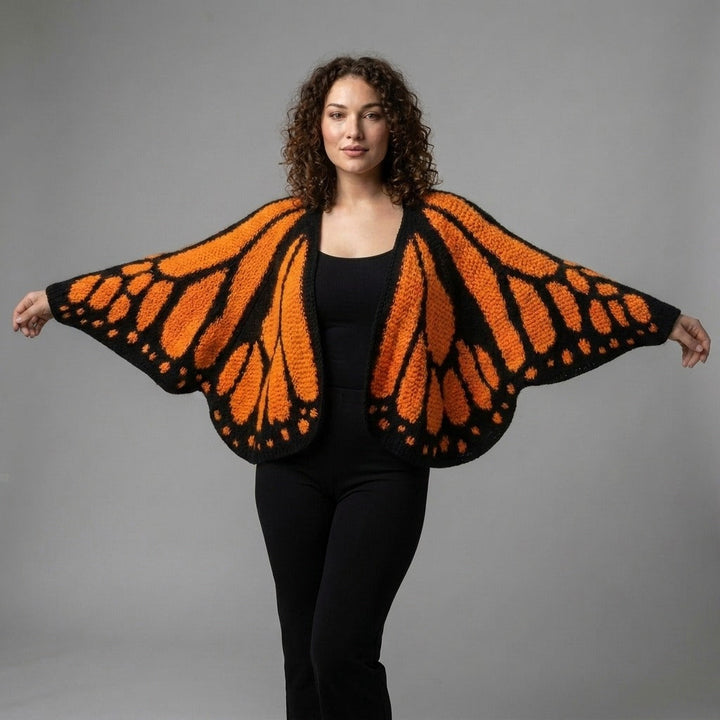 Oversized butterfly cardigan in orange, worn with the arms spread to show the wings