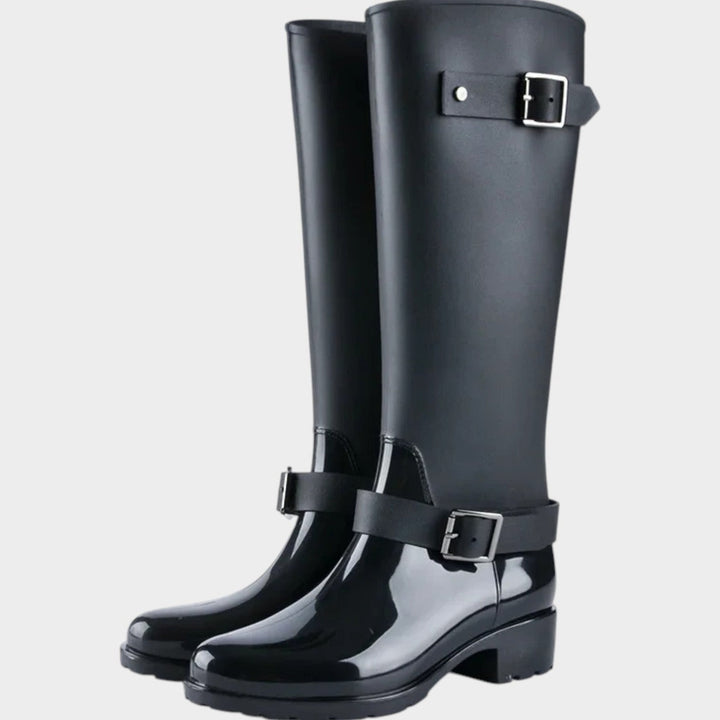 Knee-high wellies with buckle straps in black, product photo