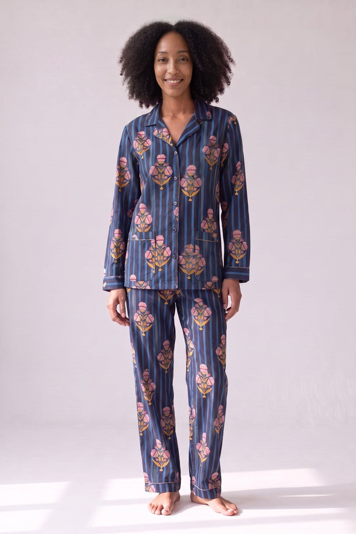 Navy striped floral print cotton pyjamas, worn, front view
