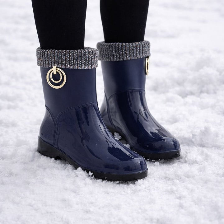 Lined wellies with glitter knit cuff in navy, worn in the snow