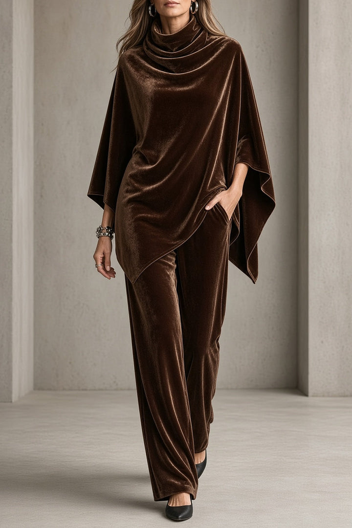 Brown velvet co-ord set with cowl-neck poncho top and wide-leg trousers, front view