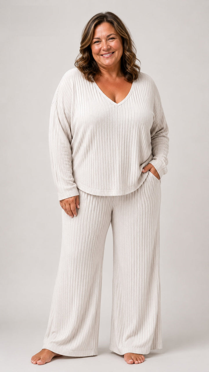 Cream ribbed lounge set with V-neck top and wide-leg trousers, front view