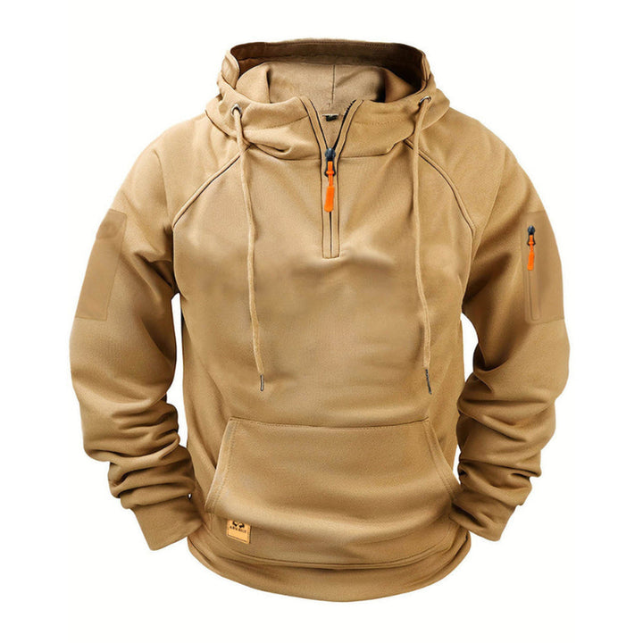 Camel hooded quarter-zip jumper with an orange zip pull, on a white background | Grace Aura