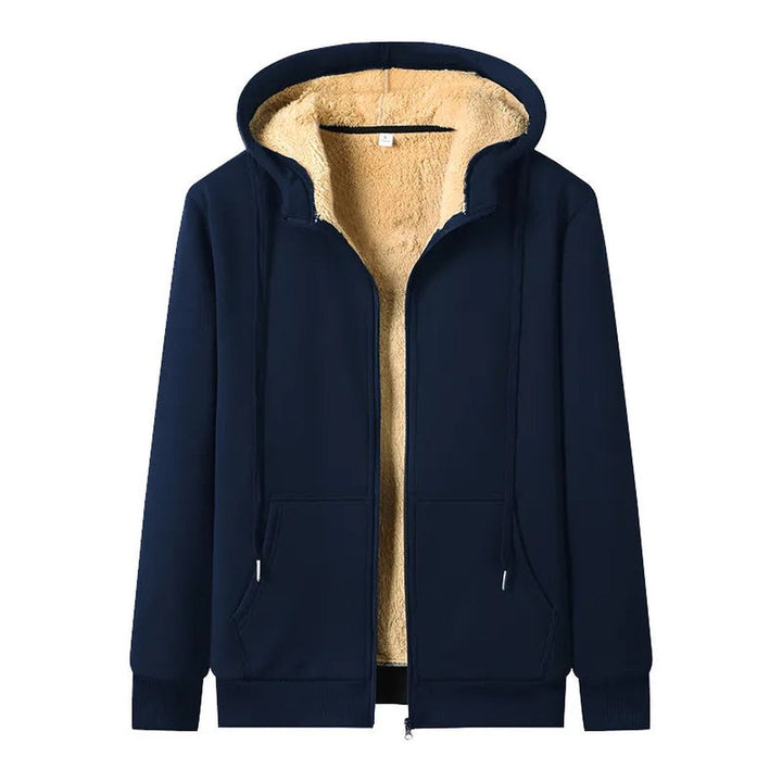 Navy zip-up hoodie with beige sherpa lining and hood, front view | Grace Aura