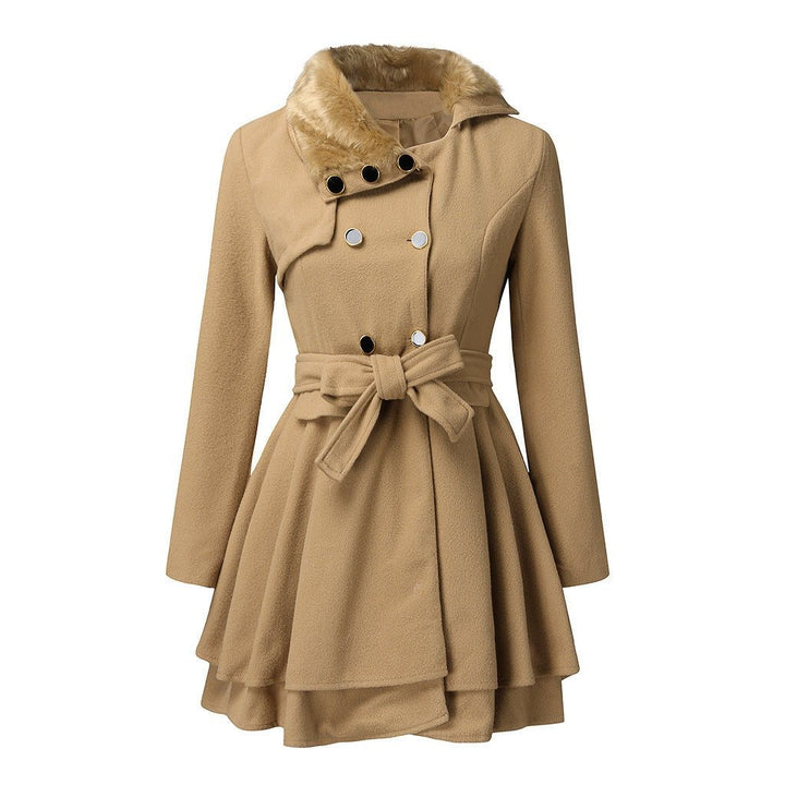 Camel wool coat with double-breasted buttons and flared hem