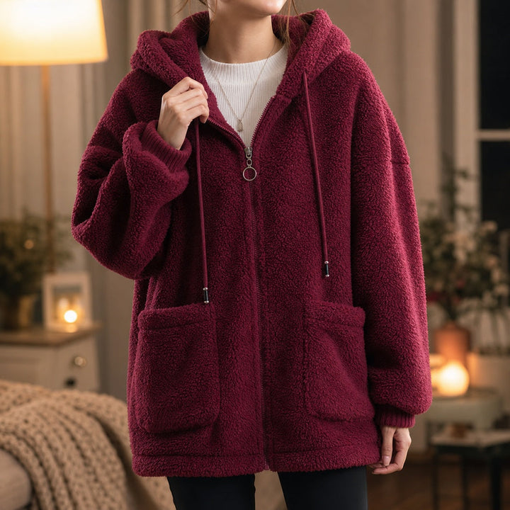 Woman wearing a burgundy teddy jacket with a hood and ring zip pull, one hand at the edge of the hood | Grace Aura