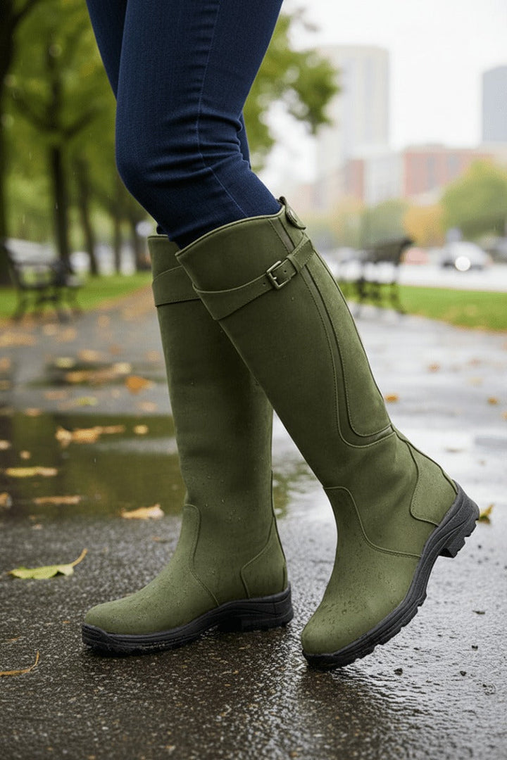 Knee-high rain boots with buckle strap in olive green, worn on the street