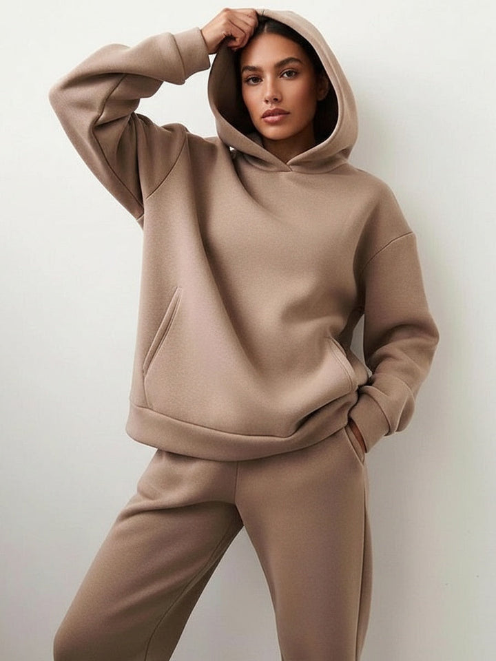 Taupe oversized hoodie and joggers, hood up