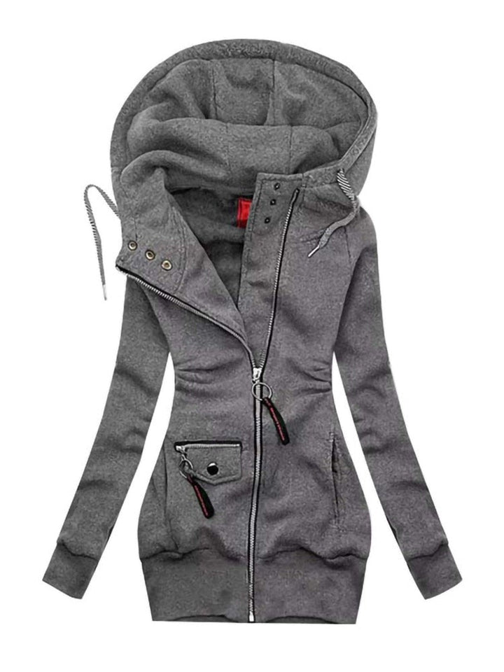 Dark grey longline hoodie with an asymmetric zip and striped drawcords | Grace Aura