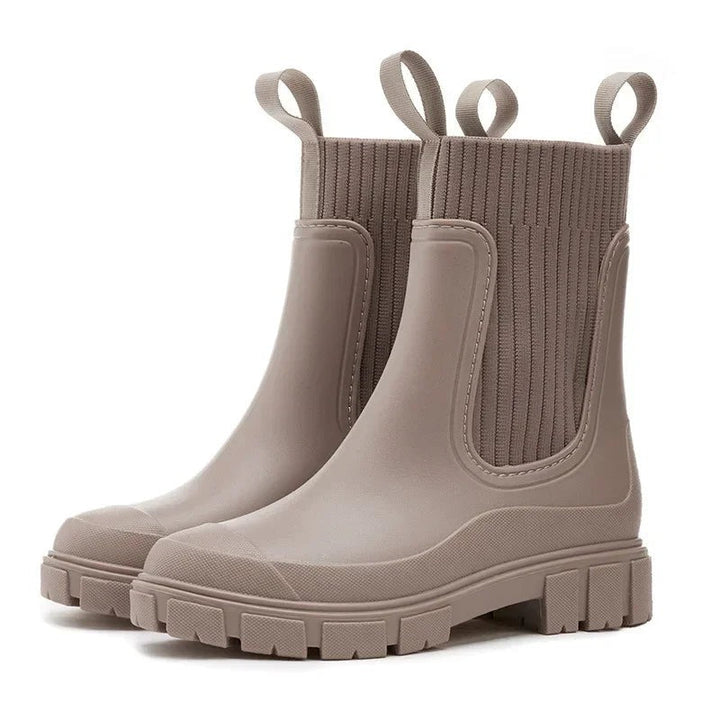 Chelsea rain boots with ribbed knit sides in taupe, product photo