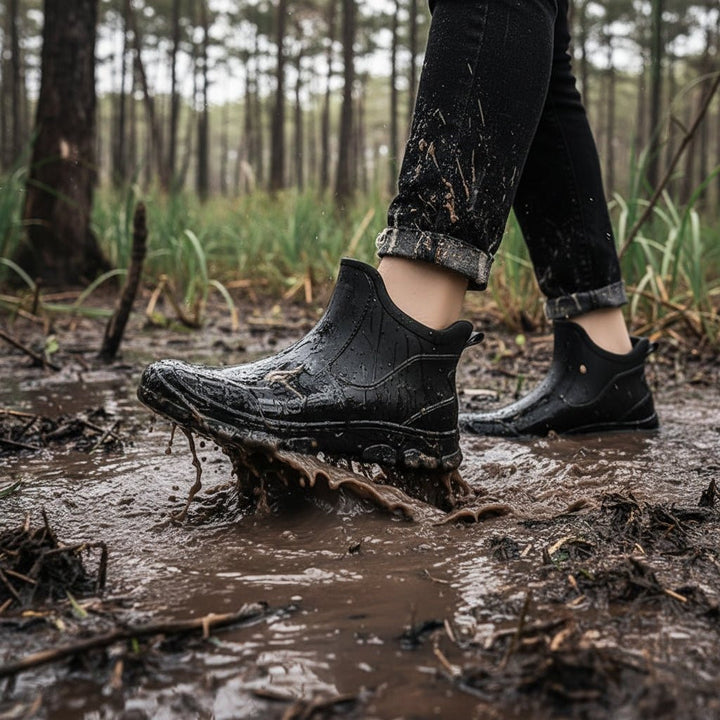 Waterproof ankle boots in black, worn