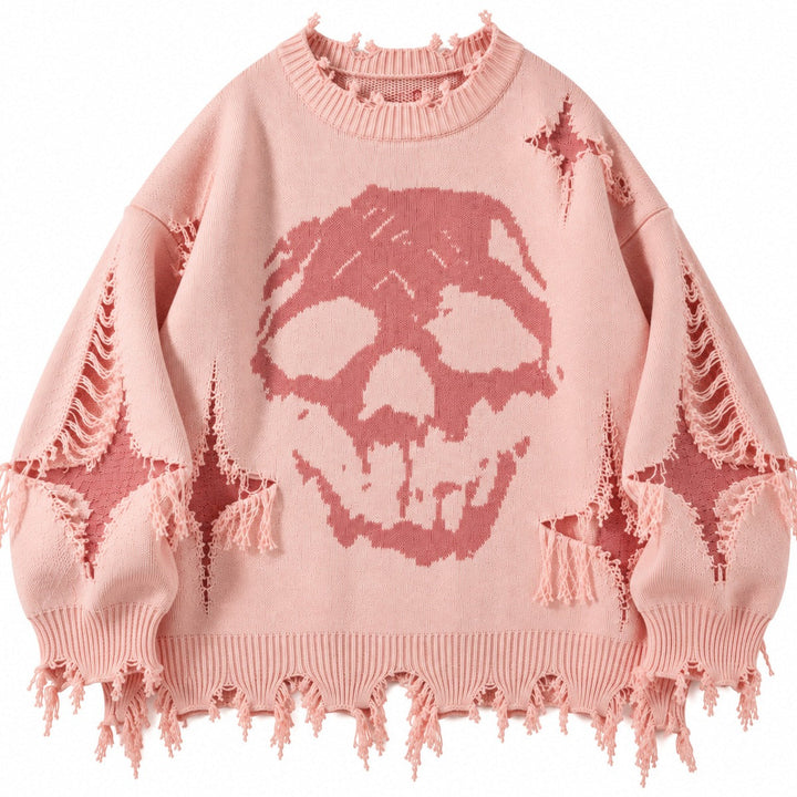 Oversized distressed skull jumper in pink, laid flat