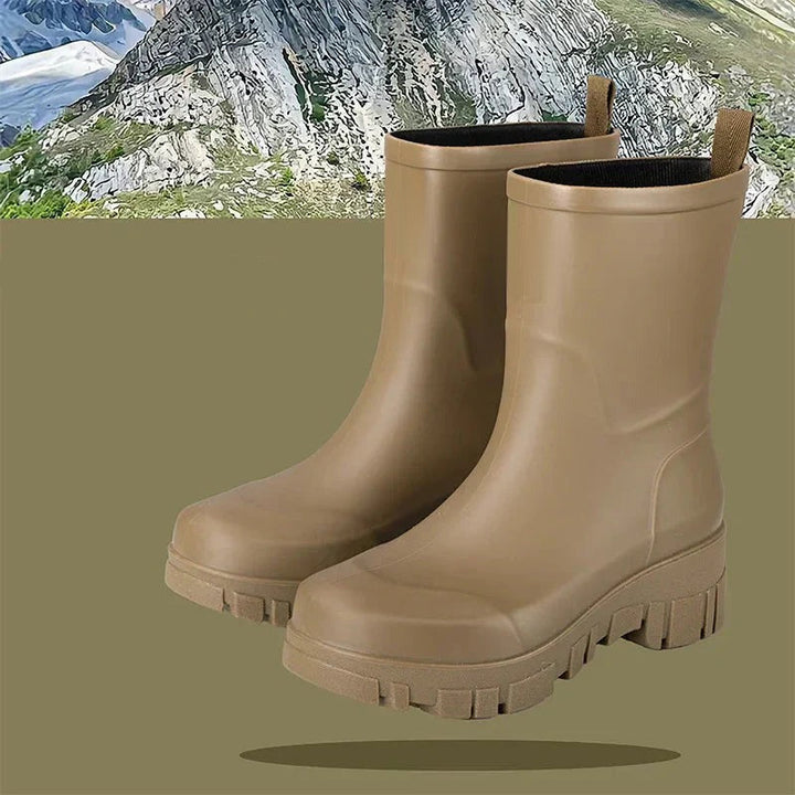 Rubber boots with chunky lug sole in brown, mid-calf, product photo