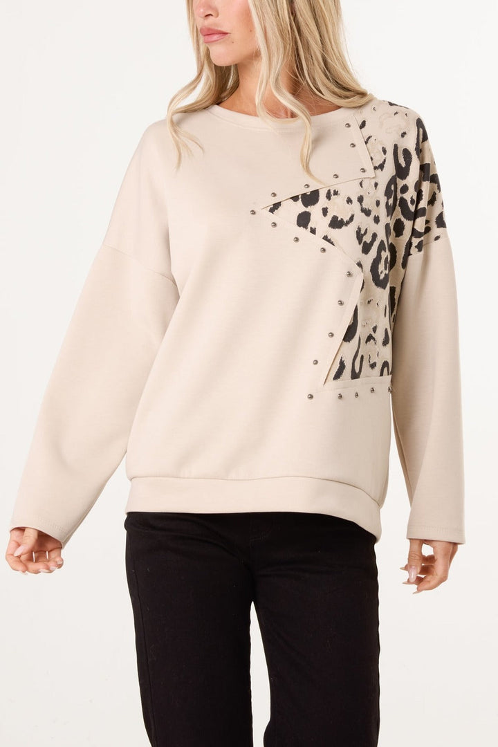 Leopard print jumper with star patch and studs in stone, front view