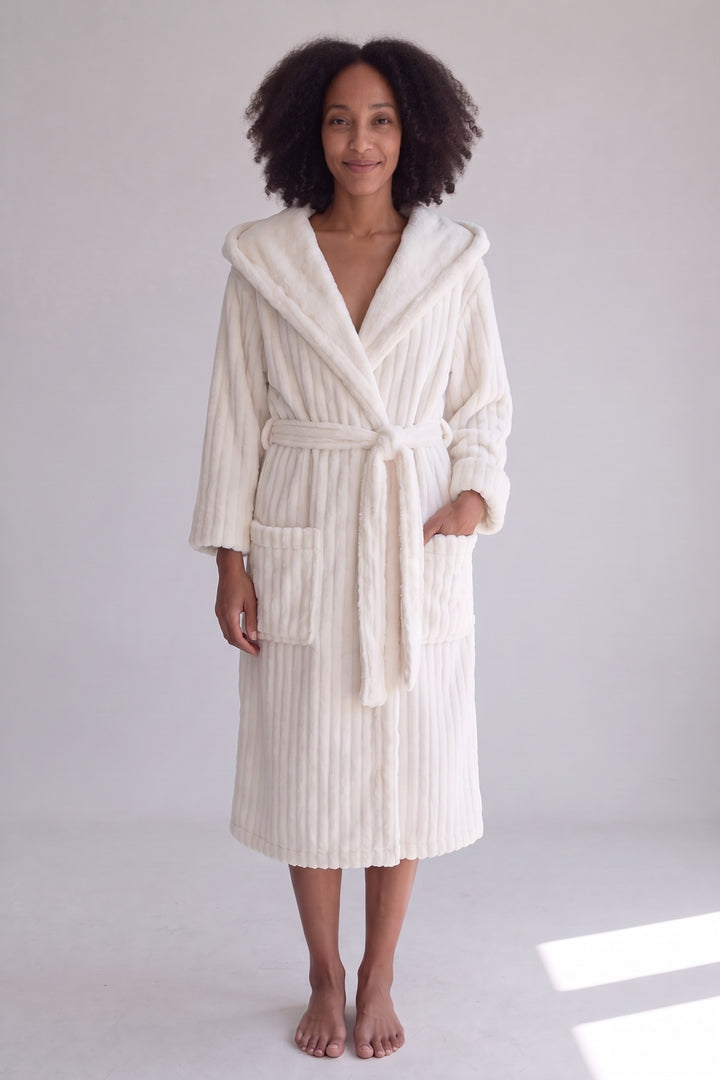 Cream ribbed plush hooded dressing gown with tie belt, worn, front view