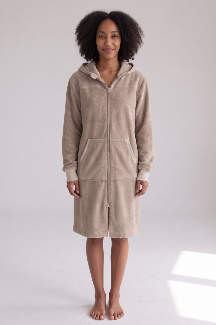 Taupe hooded zip-up dressing gown with thumb-hole cuffs, worn, front view