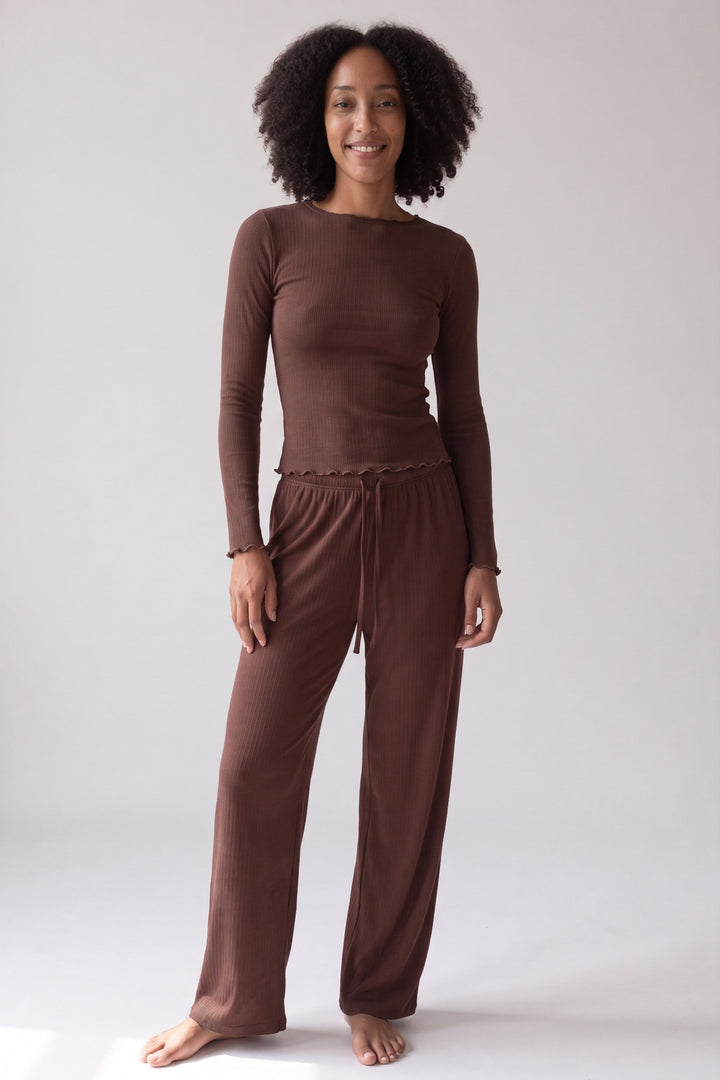 Chocolate brown ribbed pyjamas with wide-leg trousers, worn, front view