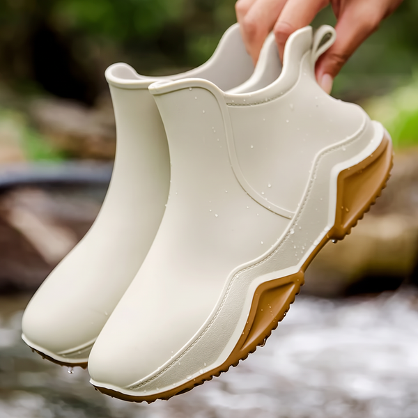 A hand holds up a pair of cream colored ankle rain boots with tan soles against a blurred outdoor background.