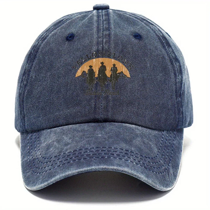 Navy washed cotton baseball cap with graphic print, shown flat, front view | Grace Aura