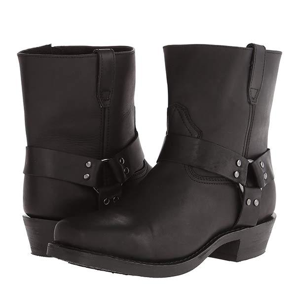 Black leather harness boots with buckle straps, pair standing upright | Grace Aura