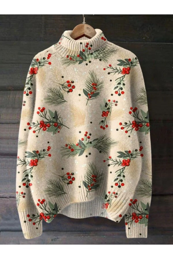 Beige knit turtleneck sweater with holly berry print, shown on hanger | Grace Aura