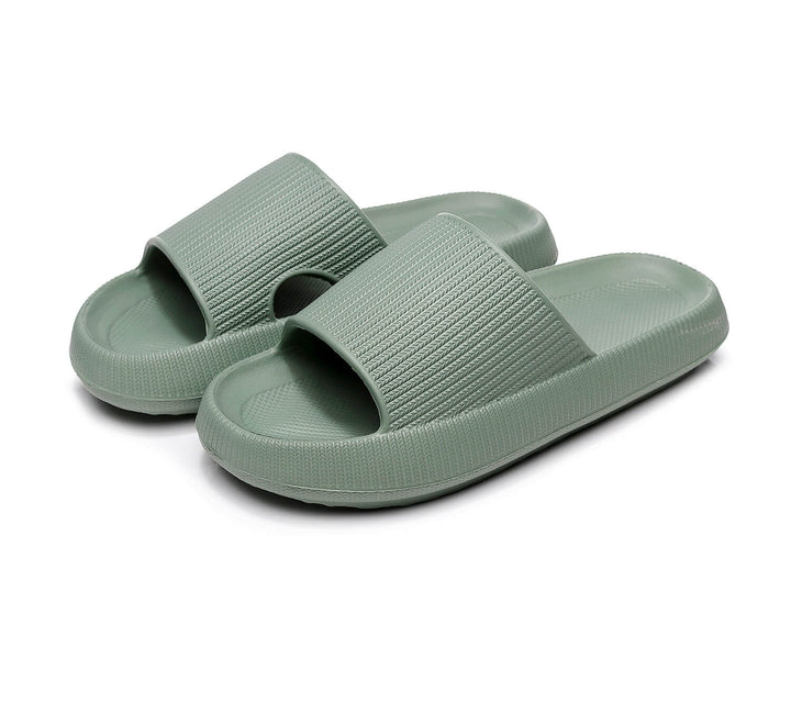 Sage green ribbed rubber slide sandals, thick cushioned soles, shown as pair | Grace Aura