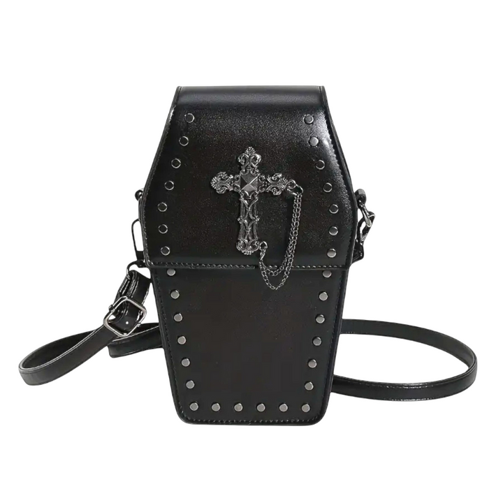 Black studded coffin-shaped crossbody bag with cross charm, flat product shot | Grace Aura