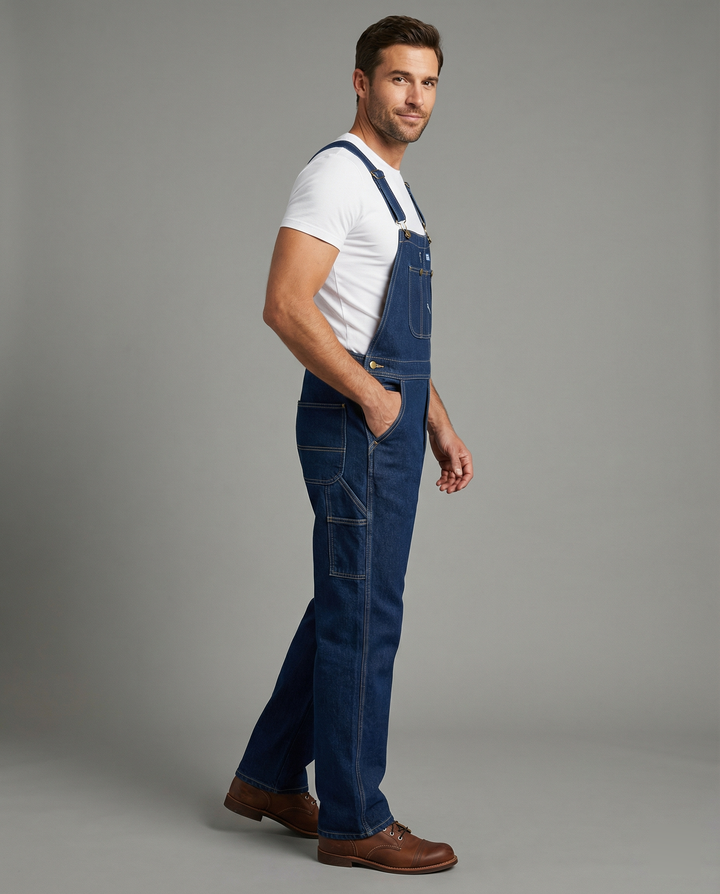 Man wearing blue denim overalls with white t-shirt and brown boots | Grace Aura