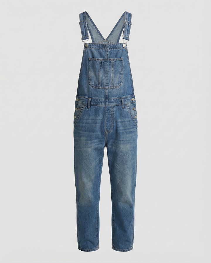 Blue denim overalls with adjustable straps and pockets, shown flat | Grace Aura