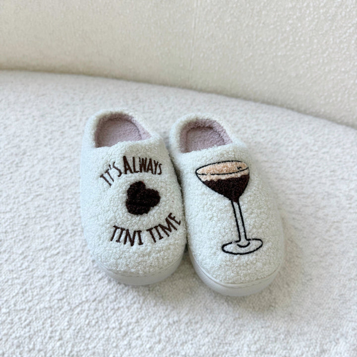 Mint green plush slippers with heart and cocktail glass embroidery | Grace Aura