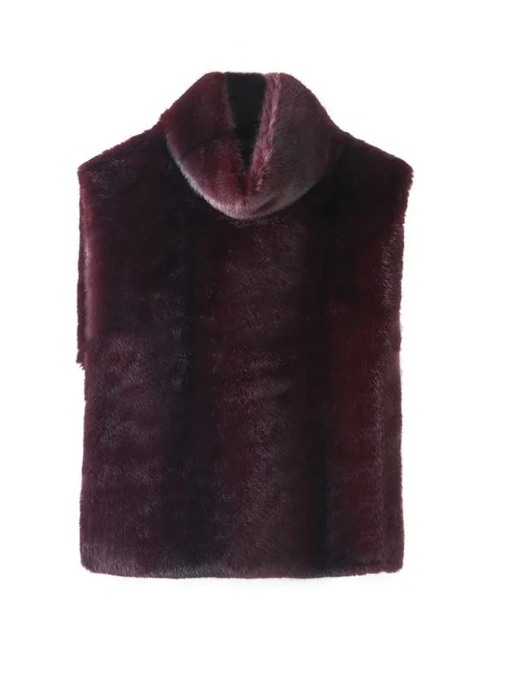 Burgundy faux fur turtleneck vest, sleeveless, shown flat on background | Grace Aura