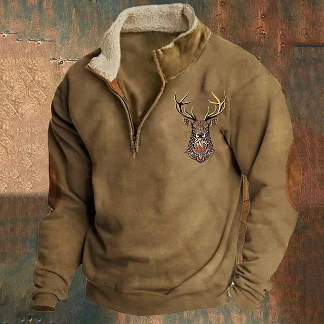 Brown quarter-zip fleece sweater with deer embroidery, worn by model | Grace Aura
